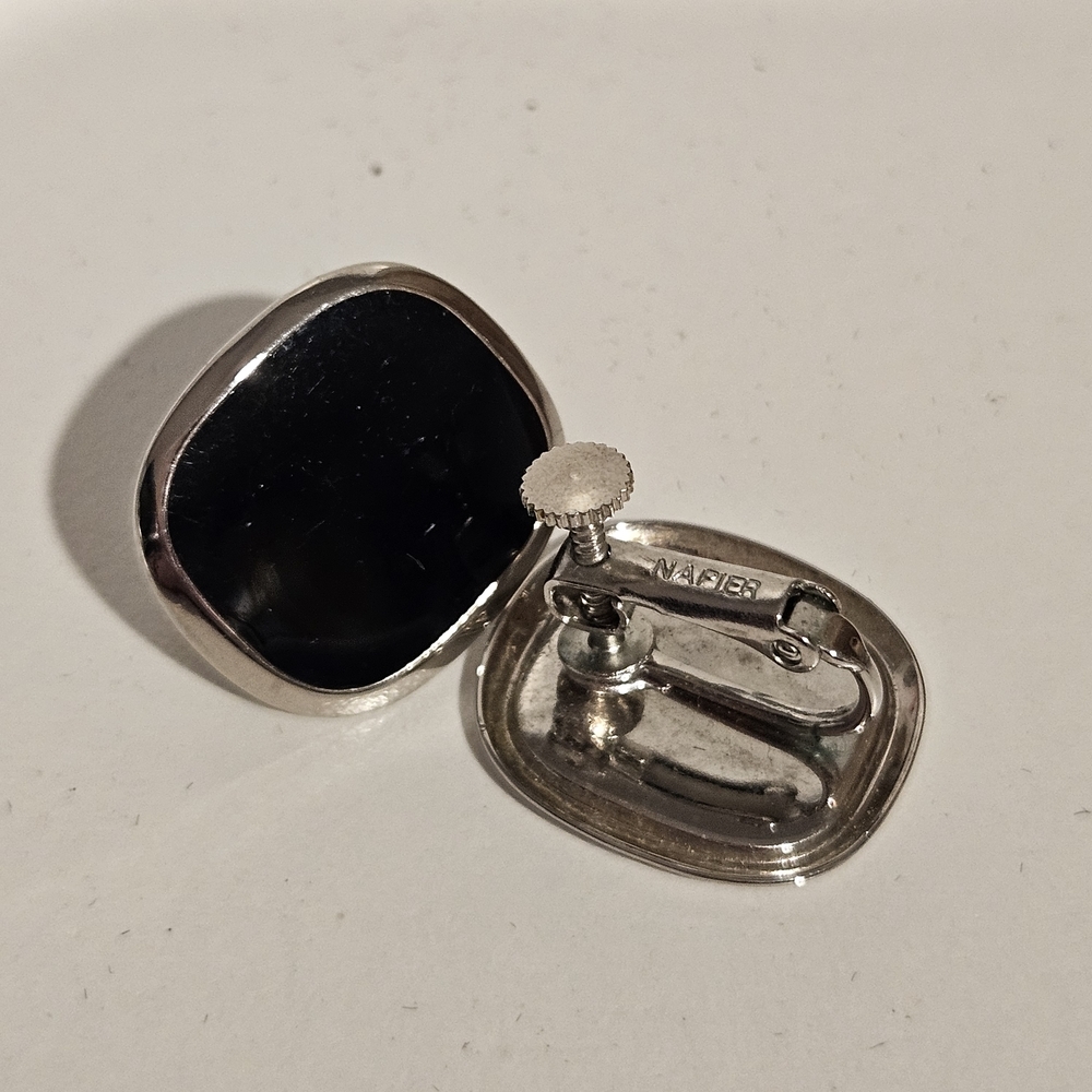 Napier Vintage Silver and Black Onyx Clip-On Earrings Twist Women's Jewelry